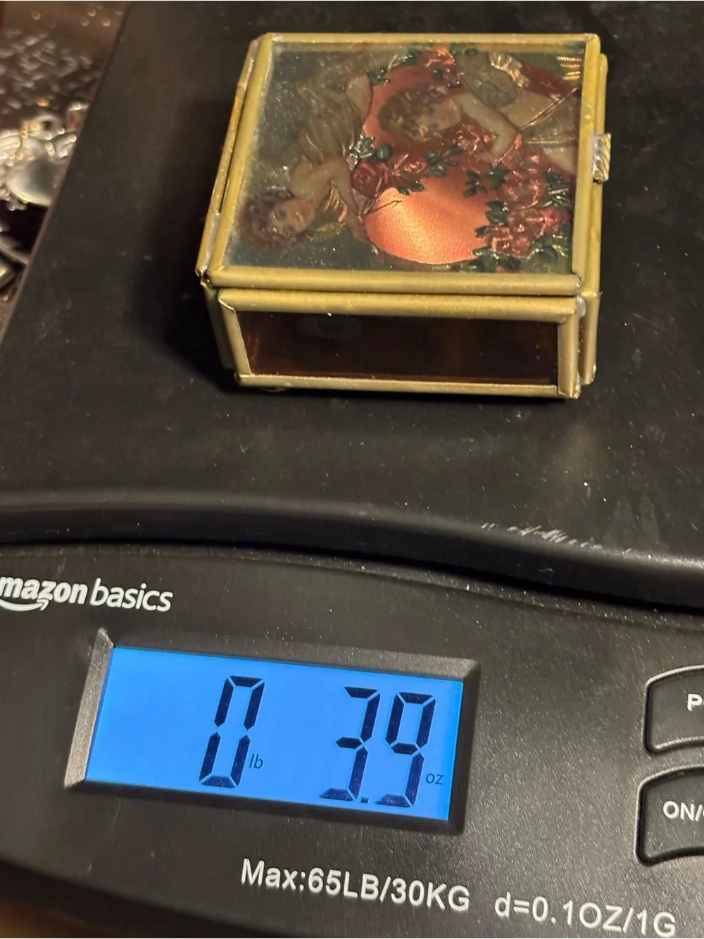 Vintage Via Vermont Cherub Brass Stained Art Glass Trinket Box Holographic
